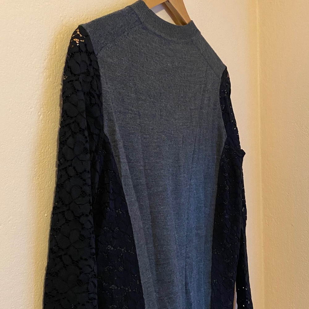 Tory Burch Kammy Grey Merino Wool Black Lace Sleeve Sweater Small - Picture 10 of 12